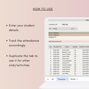 Op de afbeelding: Een laptopscherm toont een sjabloon voor studentenpresentie met studentgegevens, cijfers en contactnummers. Instructies voor het gebruik van de sjabloon staan links. De tekst bevat "How to Use" en "Template".