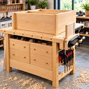 May include: A light-colored wooden workbench featuring a large rectangular box frame on top, four drawers with round knobs, and a side-mounted metal vise. Several black and red clamps are attached to the side, and wood shavings cover the floor.