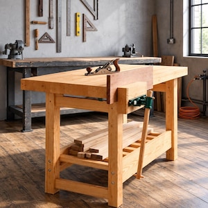Puede incluir: Un banco de trabajo de madera clara con una superficie rectangular gruesa, un tornillo de banco de metal verde montado en la parte delantera con un mango largo de madera y un estante inferior con varias tablas. Un cepillo de metal descansa sobre la mesa.