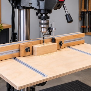 Puede incluir: Un taladro de columna con una mesa de madera clara, rieles metálicos integrados y una guía de madera a juego. La máquina incluye un portabrocas metálico que sujeta una broca sobre un bloque de madera rectangular con virutas visibles.