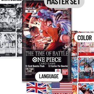 Może przedstawiać: Pakiet kart kolekcjonerskich One Piece zatytułowany The Time of Battle, z kolorowymi ilustracjami w stylu anime. Opakowanie zawiera napisy English Ver., OP-16, 12-Card Booster Pack oraz logo Bandai Namco, w otoczeniu różnych kart w skali szarości i kolorowych.