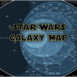 May include: A Star Wars Galaxy Map poster with a dark blue background. The map features a network of interconnected lines and star systems, with the words "STAR WARS GALAXY MAP" prominently displayed. The map includes text such as "Core Planets" and "Outer Rim".