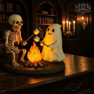 May include: A Halloween-themed decorative figurine featuring a skeleton and a ghost roasting marshmallows over a campfire. The skeleton is seated, and the ghost is standing. The campfire glows with an orange light, and the background is a dark room with bookshelves.