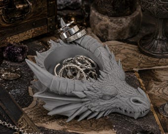 Dragon Head Storage Tray, Gothic Jewelry Ring Holder, Fantasy Dark Desk Decor