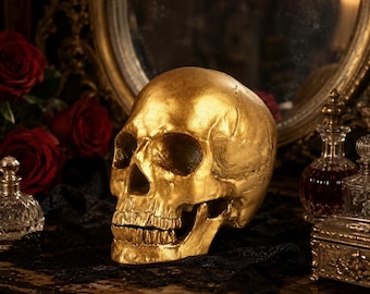 金色の頭蓋骨の像、樹脂製、ゴシック調ハロウィン装飾、等身大、顎が取り外し可能な置物
