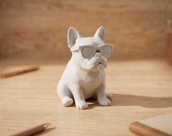Cool fransk bulldogg 3D-utskrivbar skrivbordsfigur, snygg hundskulptur STL-fil, modern kontorsinredning, söt husdjursstaty, digital nedladdningsbar present