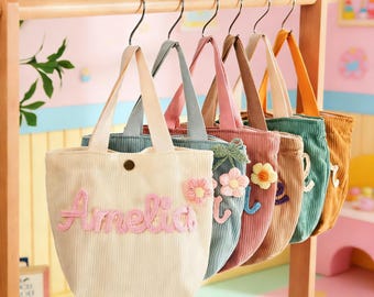 Spersonalizowana mini torba z kordu, haftowane imię, torba na lunch dla dzieci, prezent na baby shower