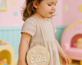 Borsa a tracolla in paglia personalizzabile: motivo a margherite intrecciate a mano per ragazze