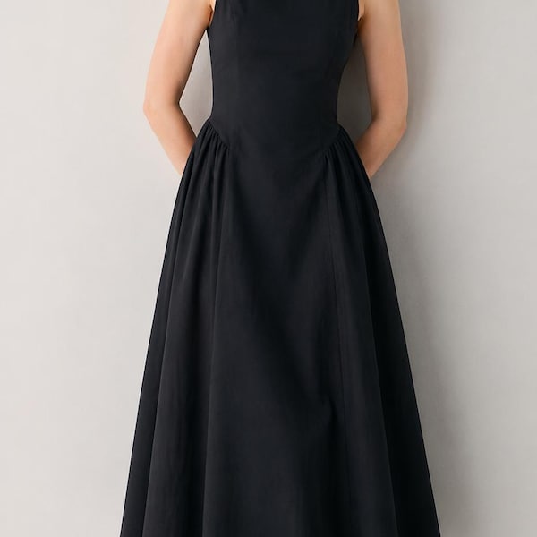 Schwarzes Midikleid aus Dupionseide, ärmelloses A-Linien-Abendkleid