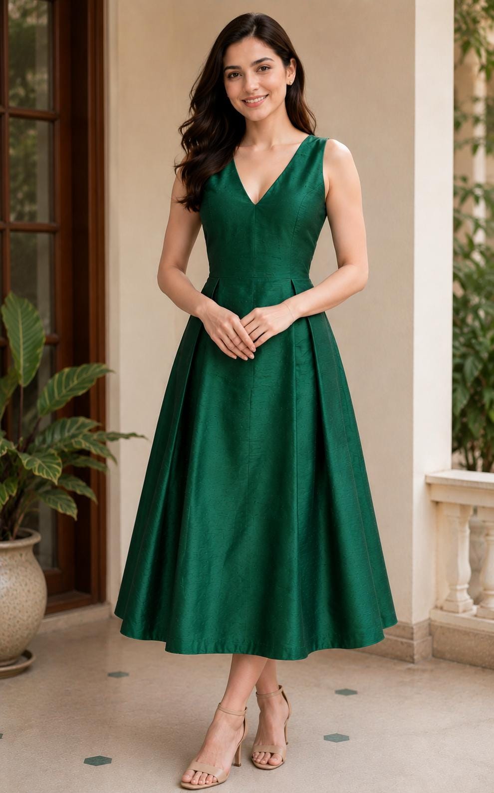 green dupioni dress Emerald Silk Midi Dress, Sleeveless V-neck Fit and Flare, Custom Made bandage dress