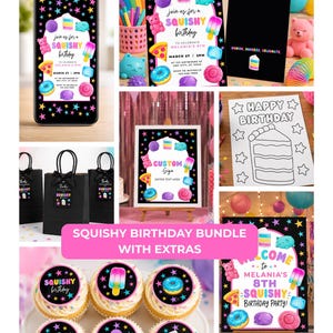 Op de afbeelding: Een verzameling feestartikelen met een squishy-thema, waaronder uitnodigingen, bedankzakjes, cupcakes en een kleurplaat. Het kleurenschema is helder met roze, blauwe en paarse accenten, en de tekst luidt "Squishy Birthday".