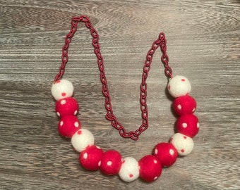 Festive Red and White Felt Wool Necklace on Brass with Fabric Chain