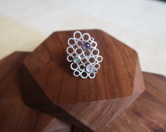 Wondo Genet Sterling Silver Ring with Moonstone, Tourmaline and Amethyst