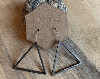 Oxidized Brass Triangle Earrings with Sterling Silver Wire.