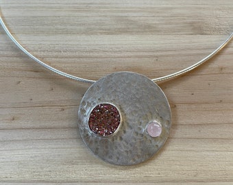 Stunning Pink Druzy and Rose Quartz Sterling Silver Necklace