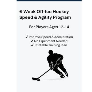 以下が含まれることがあります： 12～14歳向けの6週間のオフアイスホッケー速度と敏捷性プログラムの広告。速度と加速の向上、必要な機器なし、印刷可能なトレーニングプランを強調するテキスト。ホッケー選手の黒いシルエット。
