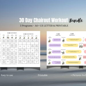 May include: A printable 30-day chair workout bundle with three programs. The bundle includes A4 and US Letter sizes. The image shows the workout plans with illustrations and the text "Easy to use", "Printable", and "+ Pictures Included".