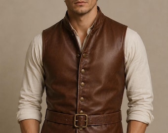 Schapenleren bodywarmer heren – handgemaakt bordeauxrood gilet met riem – vintage casual stijl