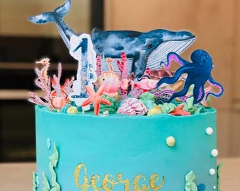 Watercolor Ocean Cake Topper, Personalized Under the Sea Birthday