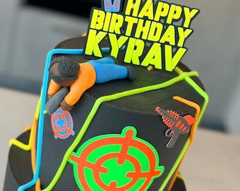 Laser Tag Birthday Cake Topper – Neon Glow Name Age Party Decor