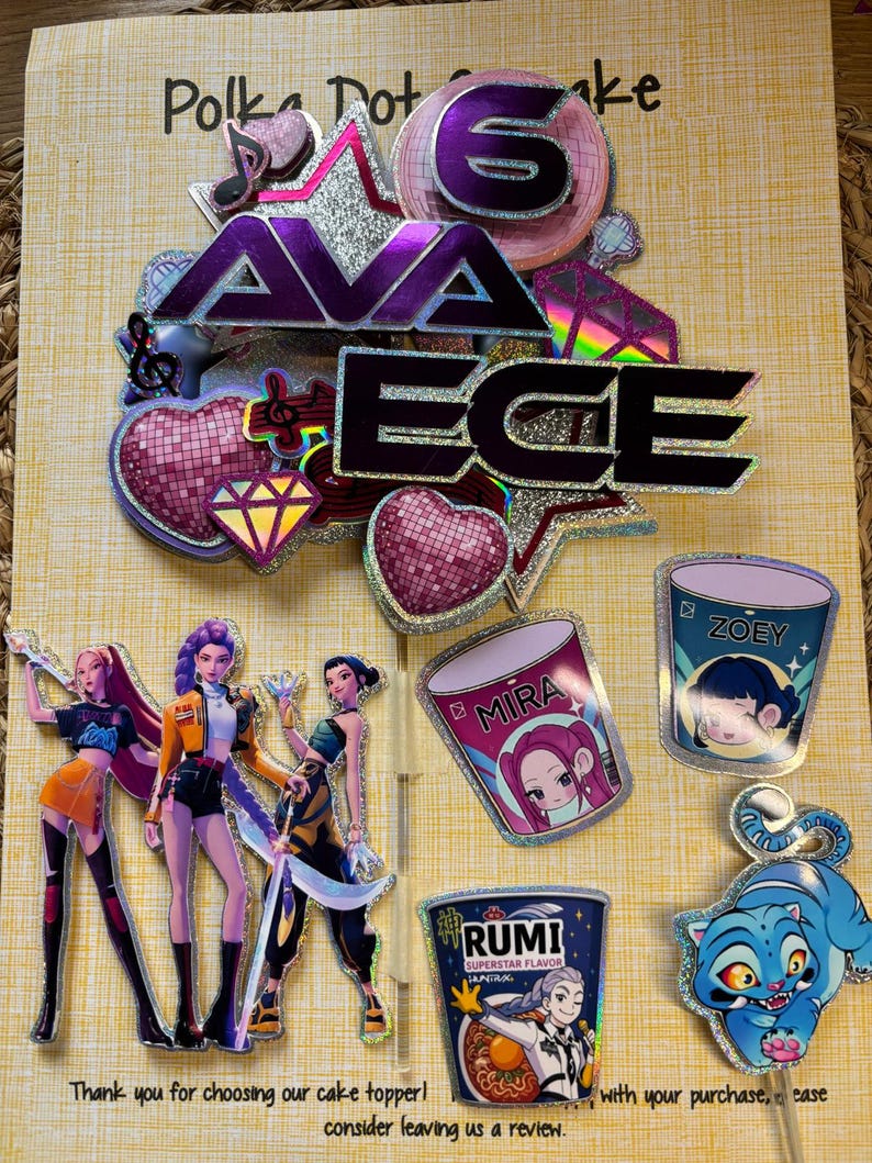 May include: A collection of cake toppers with the name "AVA ECE" and the number "6". The toppers include illustrations of anime-style characters, hearts, and food containers with names like "MIRA", "ZOEY", and "RUMI". The text "Polka Dot Cake" is also visible.