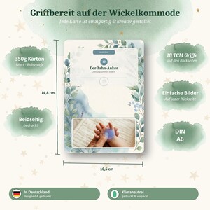 K&ouml;nnte beinhalten: Eine rechteckige DIN A6 Karte mit den Ma&szlig;en 14,8 cm mal 10,5 cm, gedruckt auf 350g mattem Karton. Die Karte zeigt botanische Illustrationen, den Text 'Der Zahn-Anker' und ein Foto, auf dem eine Hand einen Punkt auf einer Handfl&auml;che dr&uuml;ckt.