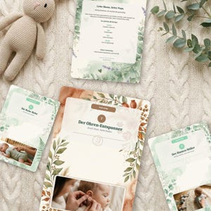 K&ouml;nnte beinhalten: Ein Set aus Anleitungskarten f&uuml;r die S&auml;uglingspflege mit botanischen Illustrationen in Gr&uuml;n- und Braunt&ouml;nen. Die Karten enthalten deutschen Text, darunter Titel wie Der Ohren-Entspanner, sowie Fotos von Techniken zur Babyberuhigung.