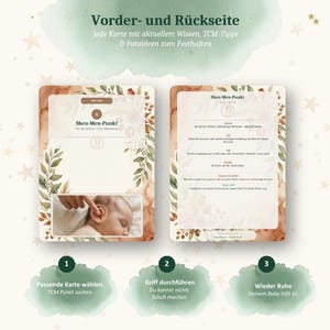K&ouml;nnte beinhalten: Zwei rechteckige Infokarten mit floralen R&auml;ndern und Aquarell-Akzenten. Die linke Karte zeigt ein Babyohr, bei dem ein Finger auf den Shen-Men-Punkt deutet. Die rechte Karte enth&auml;lt deutschen Text zur Lage und Wirkung des Akupressurpunktes.