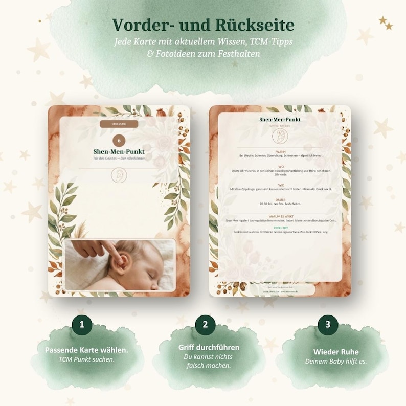 K&ouml;nnte beinhalten: Zwei rechteckige Infokarten mit floralen R&auml;ndern und Aquarell-Akzenten. Die linke Karte zeigt ein Babyohr, bei dem ein Finger auf den Shen-Men-Punkt deutet. Die rechte Karte enth&auml;lt deutschen Text zur Lage und Wirkung des Akupressurpunktes.