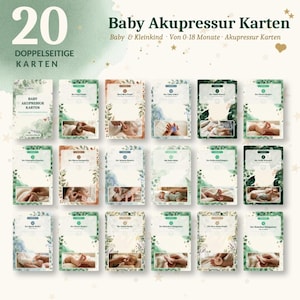 K&ouml;nnte beinhalten: Ein Set aus 20 doppelseitigen Karten mit dem Titel Baby Akupressur Karten f&uuml;r Babys und Kleinkinder von 0-18 Monaten. Jede Karte zeigt botanische Illustrationen, erkl&auml;renden Text auf Deutsch und fotografische Anleitungen zu Akupressurpunkten.