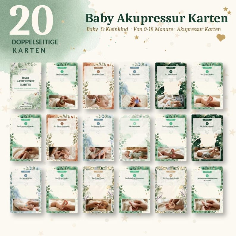 K&ouml;nnte beinhalten: Ein Set aus 20 doppelseitigen Karten mit dem Titel Baby Akupressur Karten f&uuml;r Babys und Kleinkinder von 0-18 Monaten. Jede Karte zeigt botanische Illustrationen, erkl&auml;renden Text auf Deutsch und fotografische Anleitungen zu Akupressurpunkten.