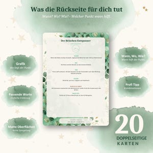 K&ouml;nnte beinhalten: Eine rechteckige Anleitungskarte mit einem gr&uuml;nen Aquarell-Eukalyptus-Rand. Der Text enth&auml;lt 'Der Beinchen-Entspanner', 'WANN', 'WO', 'WIE', 'DAUER', 'WARUM ES WIRKT' und 'PROFI-TIPP'. Der Hintergrund zeigt kleine goldene Sterne und gr&uuml;ne Aquarellformen.