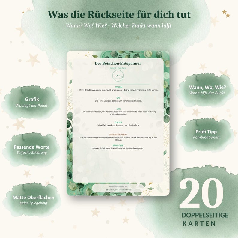 K&ouml;nnte beinhalten: Eine rechteckige Anleitungskarte mit einem gr&uuml;nen Aquarell-Eukalyptus-Rand. Der Text enth&auml;lt 'Der Beinchen-Entspanner', 'WANN', 'WO', 'WIE', 'DAUER', 'WARUM ES WIRKT' und 'PROFI-TIPP'. Der Hintergrund zeigt kleine goldene Sterne und gr&uuml;ne Aquarellformen.