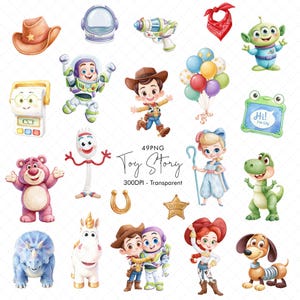 Puede incluir: Una colección de ilustraciones digitales en acuarela con personajes y objetos de la franquicia Toy Story, incluyendo un vaquero, un guardián espacial, una vaquera, un dinosaurio, un alienígena, un personaje tipo tenedor, un oso y accesorios.