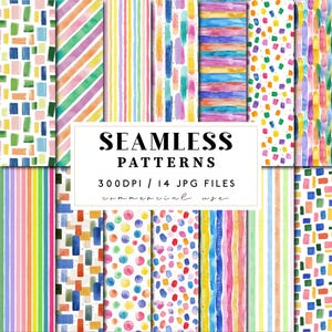 May include: A collection of fourteen digital seamless patterns featuring watercolour designs including colourful stripes, polka dots, and rectangular brush strokes. The central text reads SEAMLESS PATTERNS 300DPI / 14 JPG FILES commercial use.