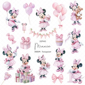 Può includere: Una collezione di illustrazioni in stile acquerello con Minnie in varie pose, che indossa un vestito e un fiocco rosa a pois. Include palloncini rosa, scatole regalo, cupcake, una ghirlanda e il testo 32PNG Minnie 300DPI Transparent.