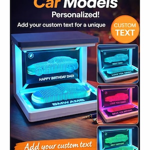 Puede incluir: Una luz personalizada del modelo de coche BMW M4 Slice. La luz presenta una silueta de coche con opciones de texto personalizadas. La luz se muestra en azul, rojo y verde, con texto como "Happy Birthday Dad!" y "Best Dad."