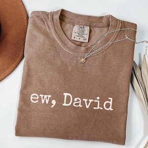 May include: A brown t-shirt with the phrase "ew, David" printed in white. A silver necklace with a small pendant rests on the shirt. The shirt is folded, and a brown hat is visible in the background.