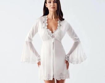 Bridal Lace Satin Nightgown Robe Set White Babydoll Lingerie Honeymoon Sleepwear Elegant