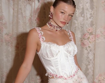 Top corsé de satén nupcial, bustier de encaje rosa, lencería coqueta, conjunto romántico para luna de miel para mujer.