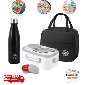 May include: A black insulated water bottle, a white and grey lunch box, a black lunch bag, and a small container of red sauce. The lunch bag has a handle and a "LUNCH BAG DELICIOUS" logo. The image also shows a free delivery truck.