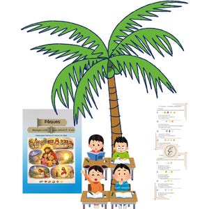 Peut inclure: Illustration d'enfants à des bureaux sous un palmier, avec une affiche intitulée "Pâques" et le texte "PDF - imprimable - Activité enfants 5 - 8 ans". L'affiche montre des images et du texte. Les enfants lisent et lèvent la main.