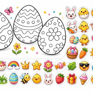 Puede incluir: Una ilustración de pegatinas y páginas para colorear con temática de Pascua. La imagen presenta tres huevos de Pascua grandes, delineados con patrones, junto con numerosas pegatinas pequeñas y coloridas de conejitos, pollitos y otros iconos primaverales.
