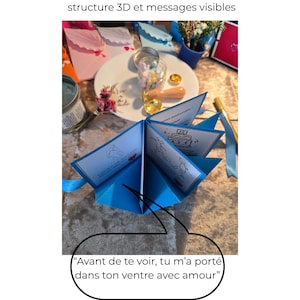 May include: A blue pop-up cube card, open to reveal a 3D structure with drawings and text. The card has a ribbon and the text "Before I saw you, you carried me in your womb with love."