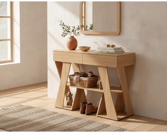 Mesa consola moderna de madera con cajones y estante de almacenamiento, ideal para recibidor.