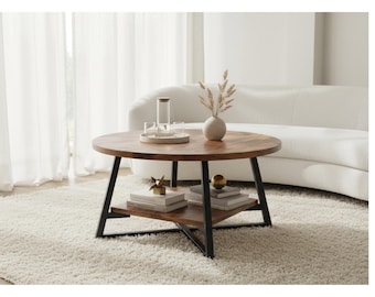 Mesa de centro redonda de madera con espacio de almacenamiento: muebles modernos para salas de estar pequeñas