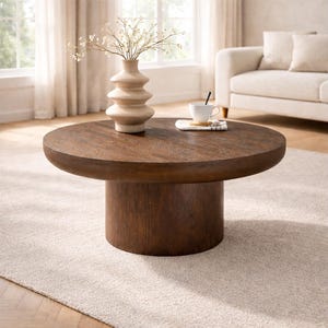 May include: A round, dark brown wooden coffee table with a cylindrical base. A beige vase with white flowers sits on top, along with a white teacup and saucer. The table is on a light beige rug, with a beige sofa in the background.