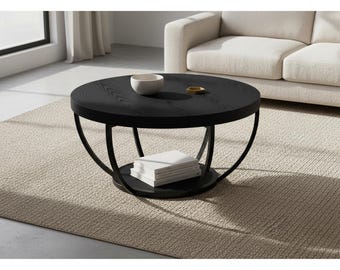 Mesa de centro redonda negra con espacio de almacenamiento: moderna mesa auxiliar de dos niveles