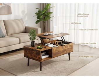Mesa de centro rústica elevable con almacenamiento oculto, estilo moderno de mediados de siglo