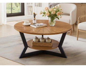 Mesa de centro redonda de madera con almacenamiento de dos niveles: mesa de centro rústica con estructura de metal para sala de estar.